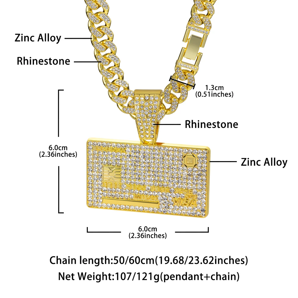 Men\'s Hip Hop Credit VISA Card Pendants With 13mm Miami Cuban Chain Iced Out Bling Bank Card Necklaces Fashion Jewelry for Woman