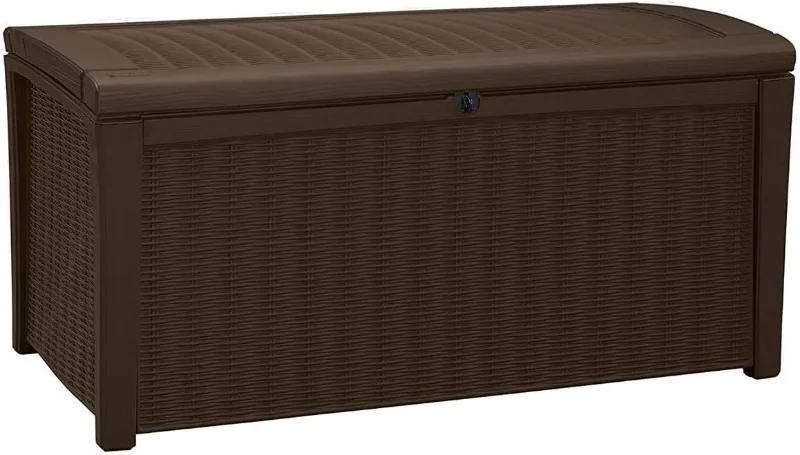 

Keter Borneo 110 Gallon Resin Backyard Deck Box, Lockable Patio Storage Bench and Outdoor Poolside Accessory Organizer, Brown