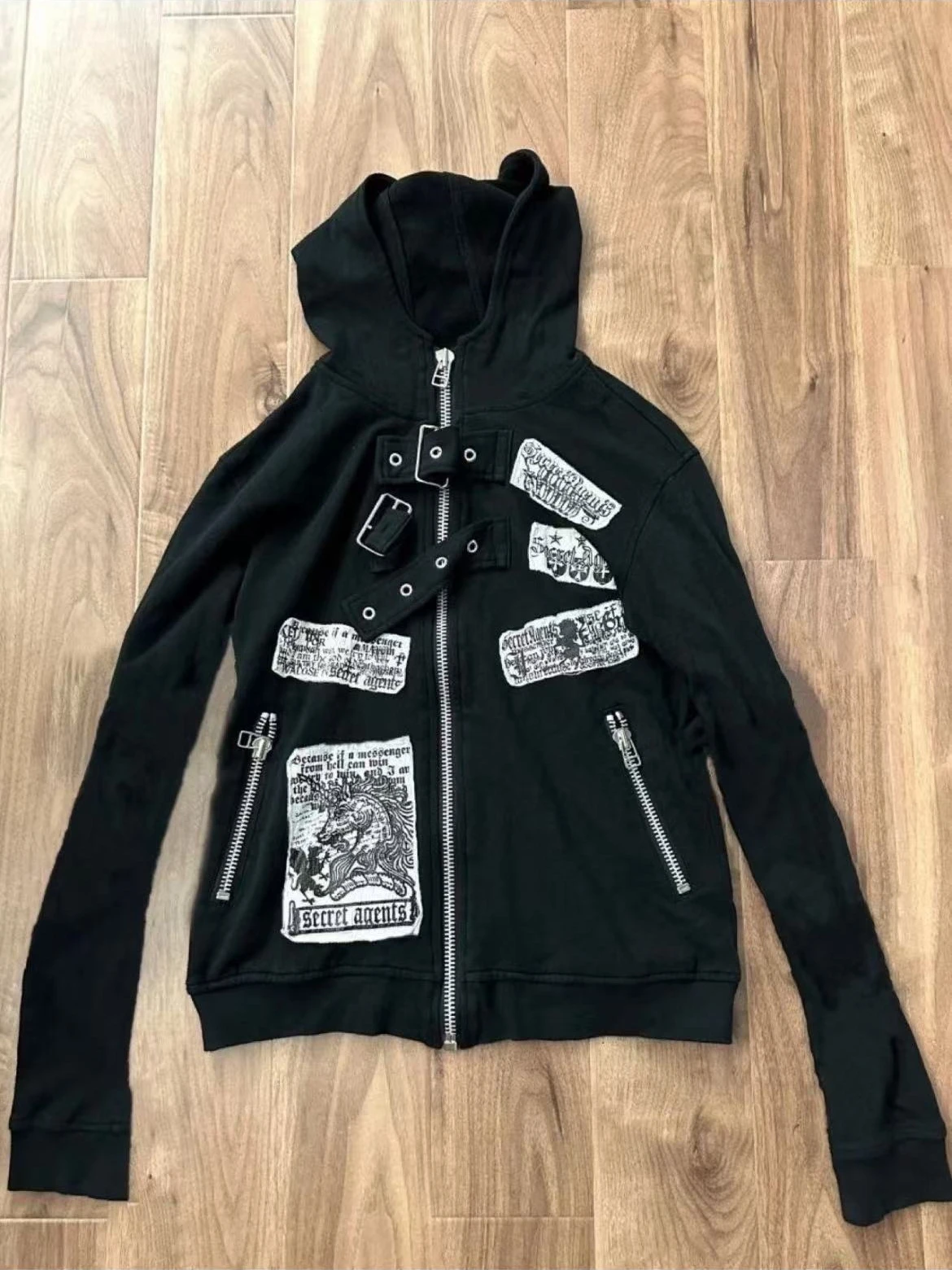 Vintage Newspaper Patchwork Hooded Zip Jacket WomenGothic Darkwear Multi Zipper Pocket Sweatshirt Y2K Emo Indie Punk Street Coat