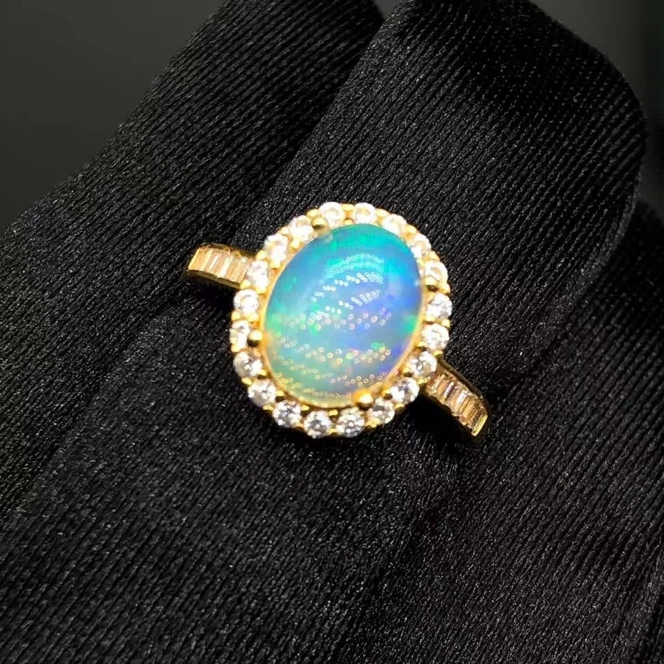 

Natural Australian Opal Ring 8mm*10mm 2ct White Opal 925 Silver Opal with Gold Plated 925 Silver Gemstone Jewelry