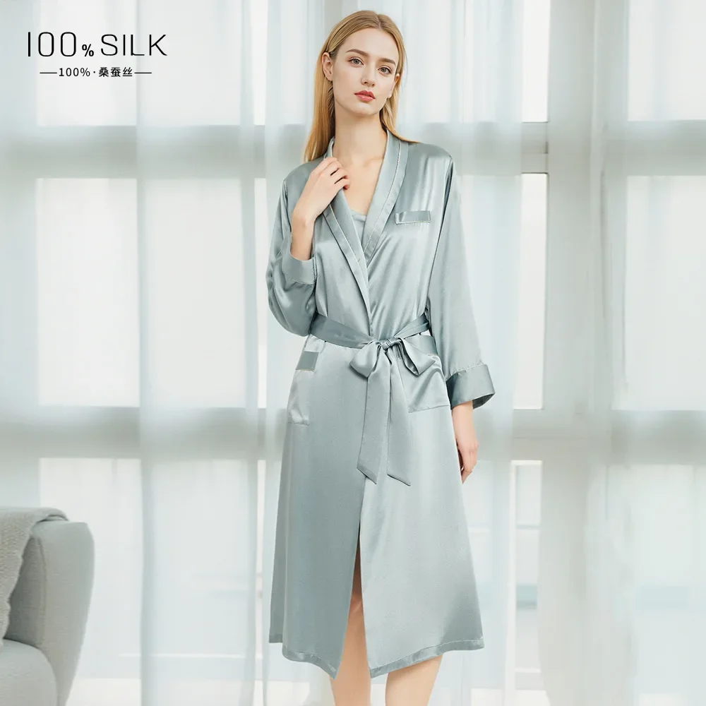 19MM Silk Robe for Women Belted Long Kimono Bathrobe 100% Mulberry Silk Shower Robe Button Down Nightgown Loungewear Homewear