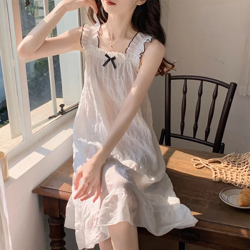 French Romantic Bow Women\'s Halter Nightgown Wrinkled Cloth Japan & Korean Y2k Sleepskirt 2024 New Summer Harajuku Home Clothes