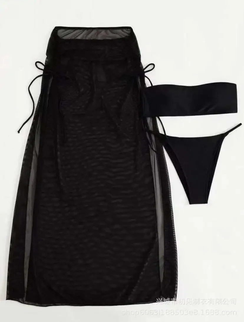 Bikini con Tanga de 3 piezas para mujer, traje de baño negro con vestido, traje de baño de banda para mujer, ropa de playa, traje de baño de verano 2025