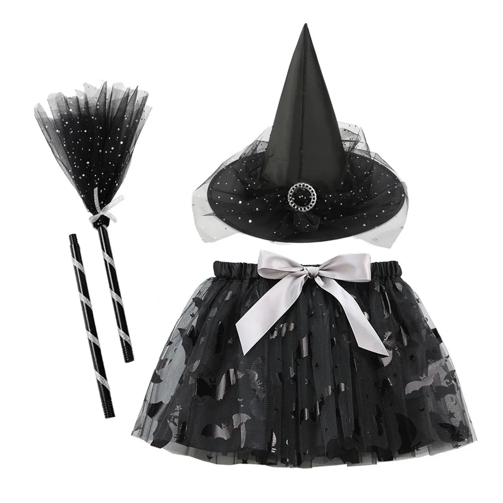 

3Pcs/set Wizard Childern Halloween Costumes Broom Bright Color Kids Witch Dress Set Pointy Hat Short Skirt