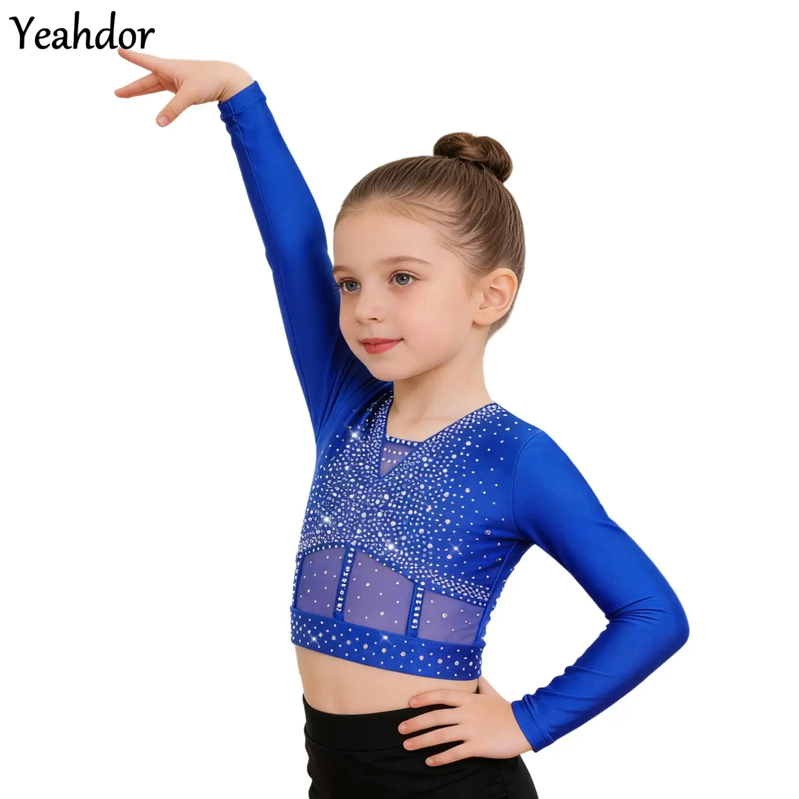 

Kids Girls Shiny Rhinestones Dance Crop Tops Long Sleeve Sheer Mesh Gymnastics Dance Tops Ballet Lyrical Figure Skating Costume