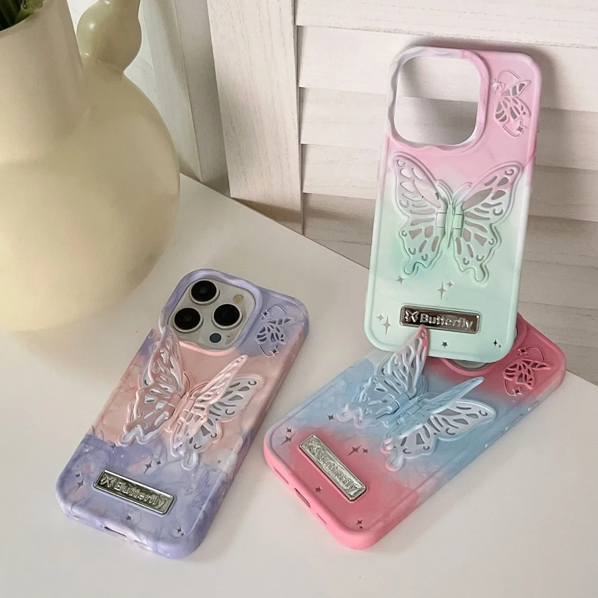 3D borboleta água adesivo, halo dye gradiente telefone caso, à prova de choque capa dura para iphone 15, 14, 13, 12, 11 pro max, mais