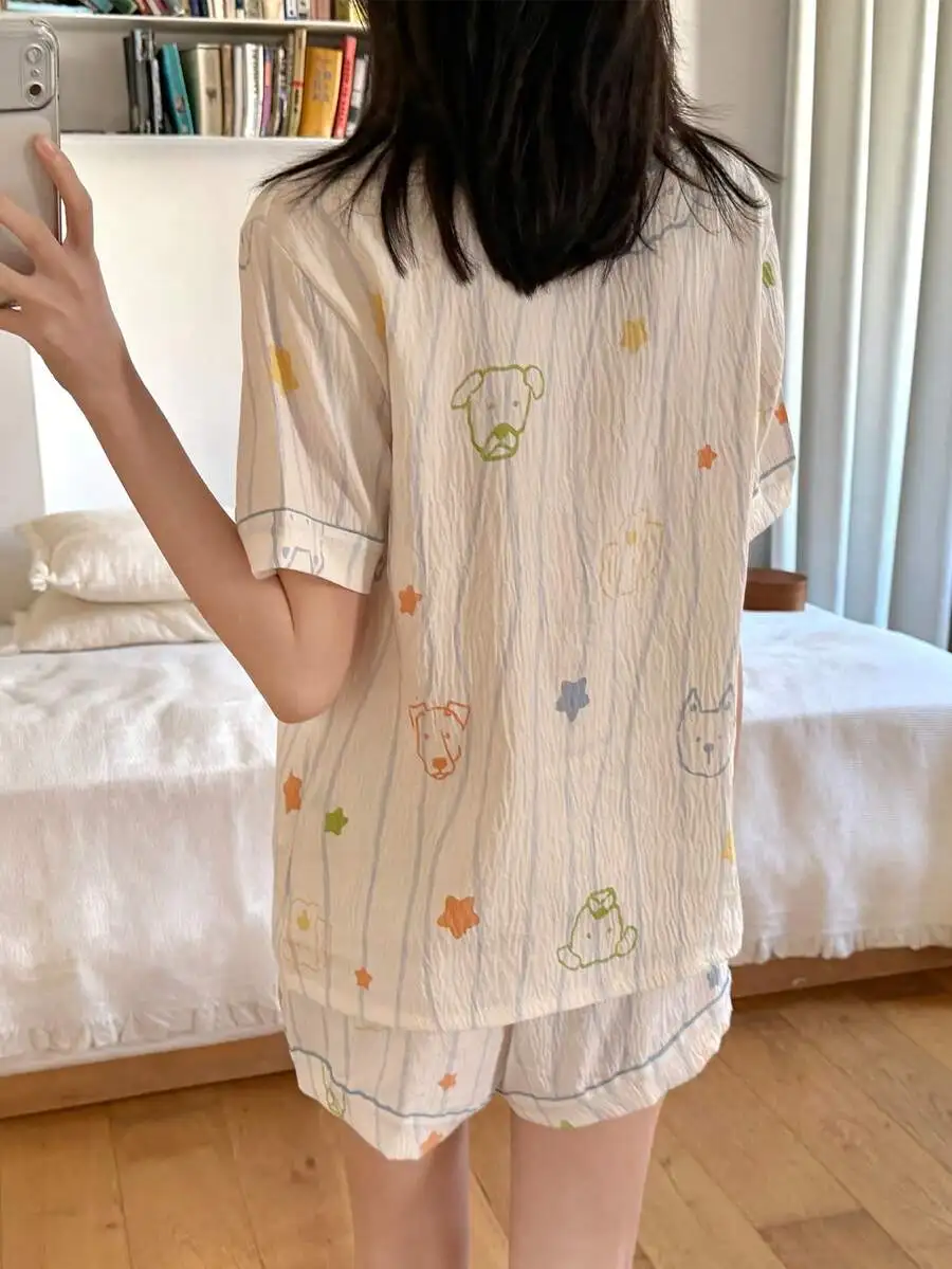 

2pcs Womens Casual Cartoon Puppy Striped Short Sleeve Pajama Set Summer