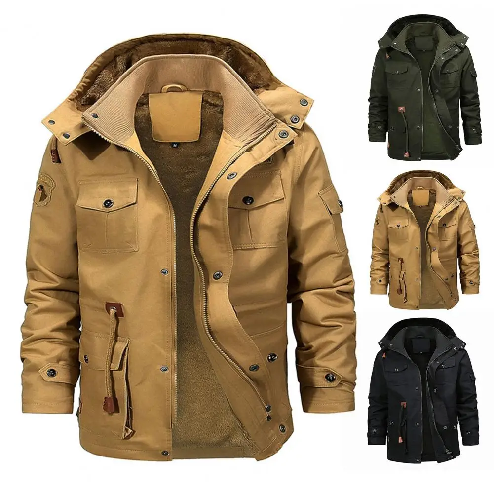 Winter Men Parkas Solid Color Detachable Hooded Jacket Coat Fleece Lining Stand Collar Long Sleeve Multi Pockets Outwear