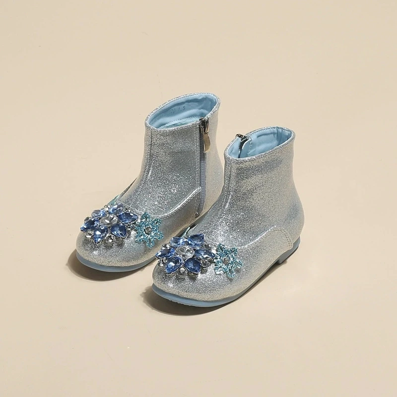 

New Blue Crystal Ice Princess Girls Fashion Boots Shining Snowflake Little Kids Snow Boots Children's Ankle Boots