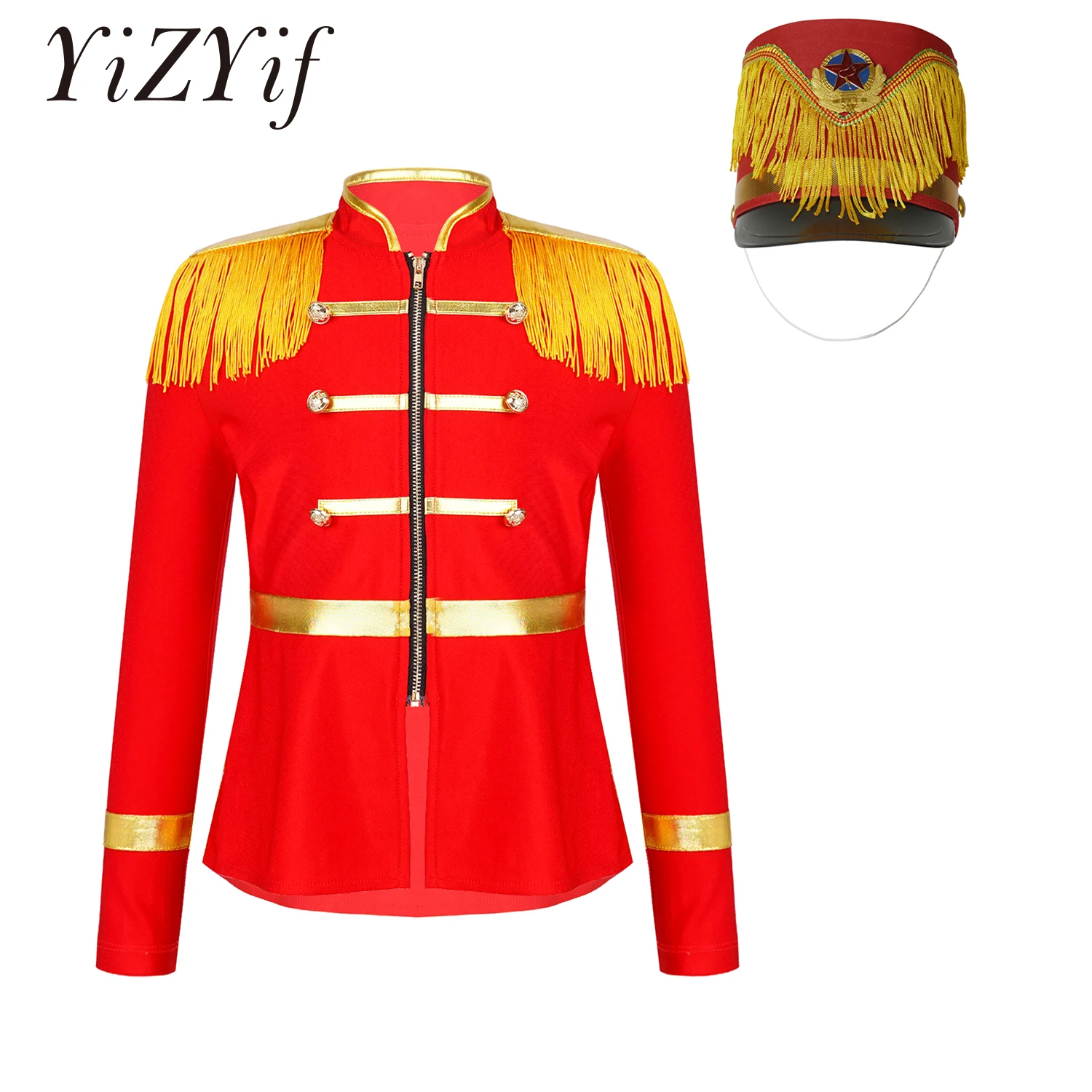 

Kid Girl Circus Ringmaster Costume Long Sleeve Tassels Coat+Drum Band Honor Guard Hat Set for Party Carnival Cosplay Performance