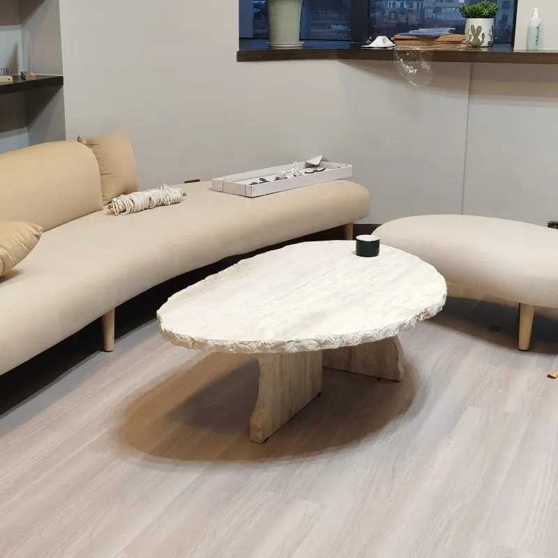 Nordic Minimalist 100% Natural Marble Travertine Coffee Table, Luxury Round Side Table for Small Living Room