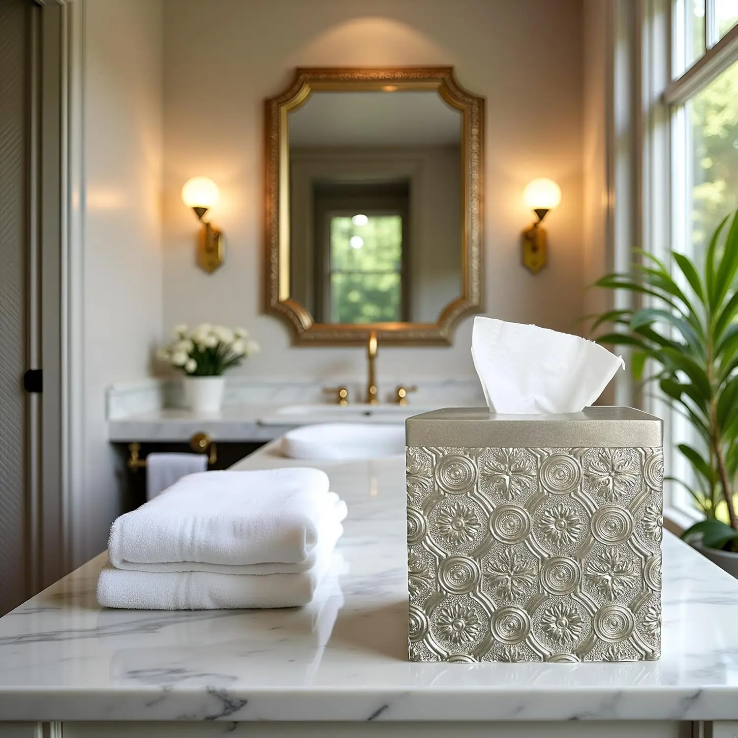 Square Tissue Box Cover Holder for Bathroom Decor, Modern Resin Design with Easy Refill Bottom for Counter Top - view 3