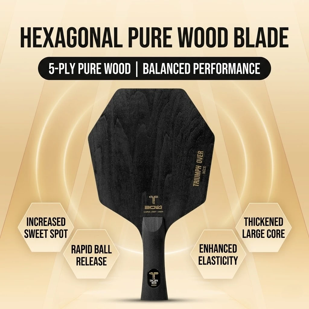 Hexagonal Ping Pong Paddle Blade, Irregular Shape, Five-Layer Pure Wood, Solid Wood, Basswood, Pine Wood, Paulownia Wood, Large Core Ping Pong Paddle Blade