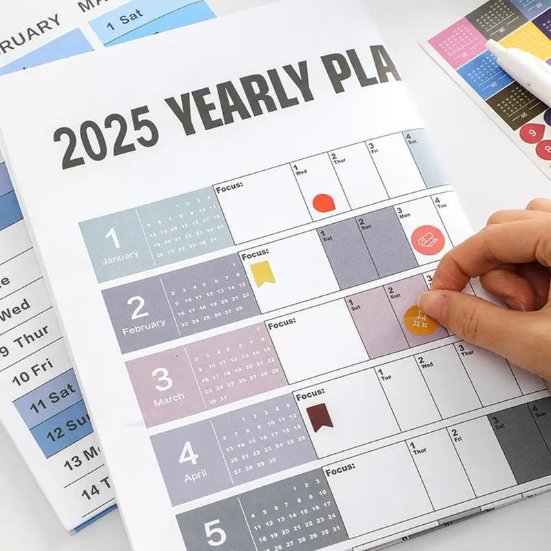 2025 calendário de parede anual calendário quadrado com adesivos decoração para casa horizontal papel grosso cartaz calendário programação