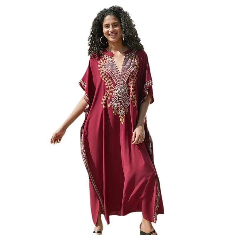 Swimsuit Cover Ups Embroidery V Neck Short Sleeve Swim Cover Up for Women Kaftan Dresses