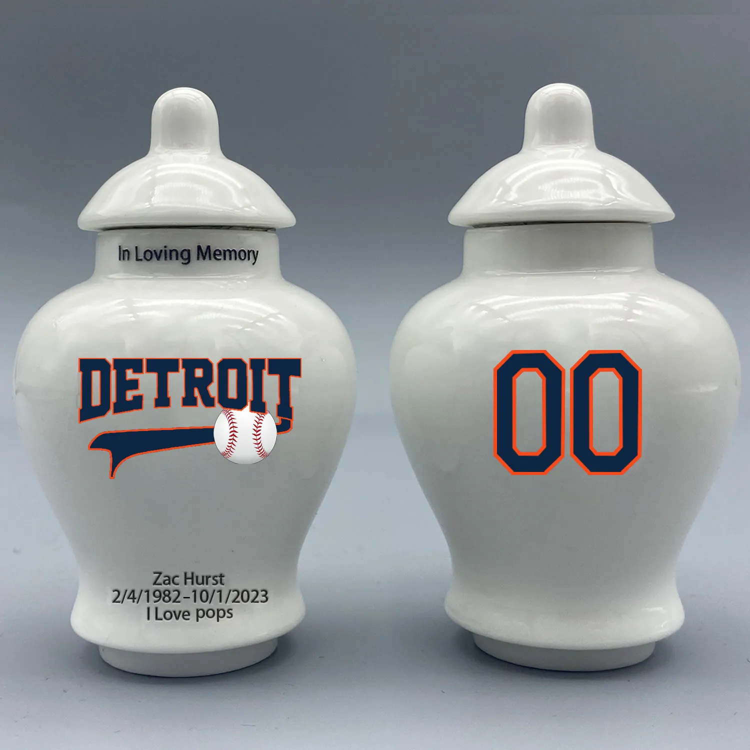 

Mini Urn for Detroit Tigers-Baseball themed.Please send me the customization information - name/date and number on the urn