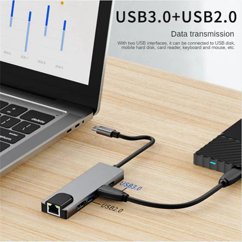 Док-станция 5-в-1 типа C: USB 3.0, RJ45 Ethernet и 4K — совместимый сплиттер для адаптера ноутбука