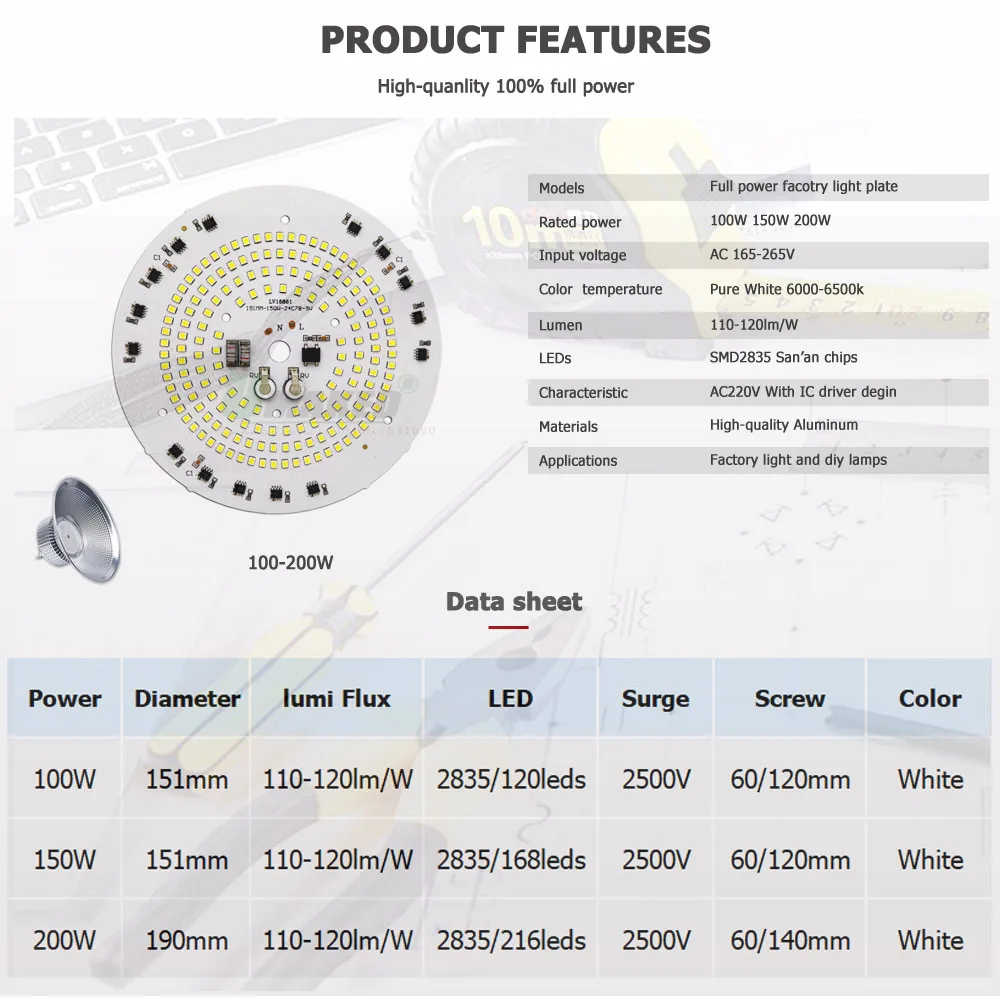 Placa de luz LED de bahía alta, 220V, 100W, 150W, 200W, controlador IC inteligente, SMD2835, Panel de fuente Doide para lámpara de fábrica, reemplazo DIY