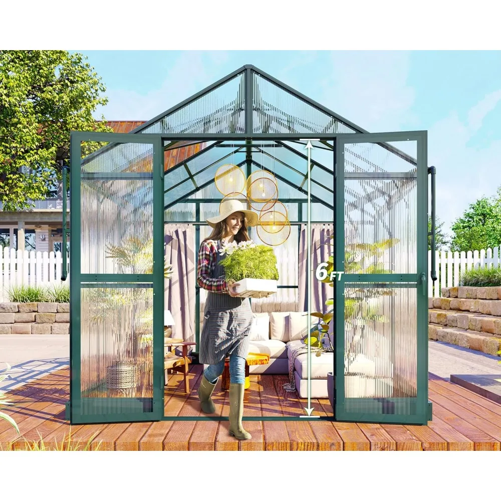 7.5x7.6x7.4 FT Outdoor Aluminum Polycarbonate Greenhouse with Ventilation and Rain Gutter, Greenhouse