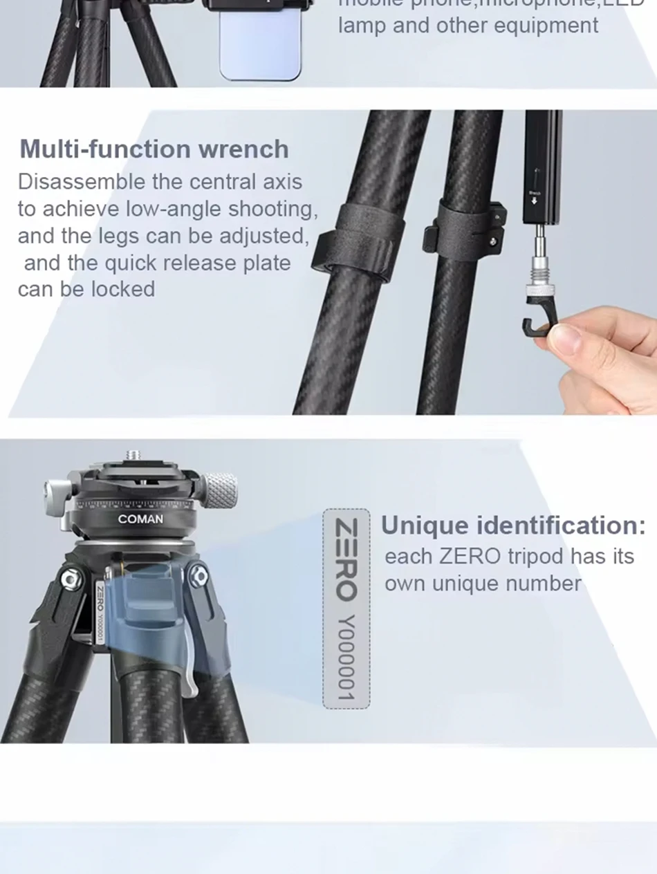 COMAN Zero Y Leichtes Reisestativ aus Vollcarbon Professionelles Outdoor-Stativ mit Arca Swiss Schnellwechsel-Kugelkopf – Detail 13