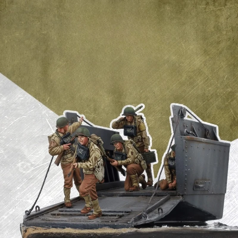 1/35 Scale Die-Cast Resin Figure Model Kit Soldiers Landing 5 Figures & Landing Craft (No Base and Rope) Unassembled Unpainted