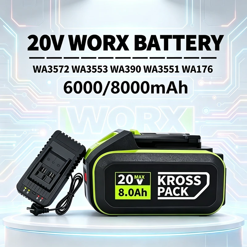 20V 6.0Ah/8.0Ah Li-ion Battery,for Worx WA3553/WA3551 20V Cordless Power Tools Battery WA3572 WX390 WX176 With LED Display Lamp