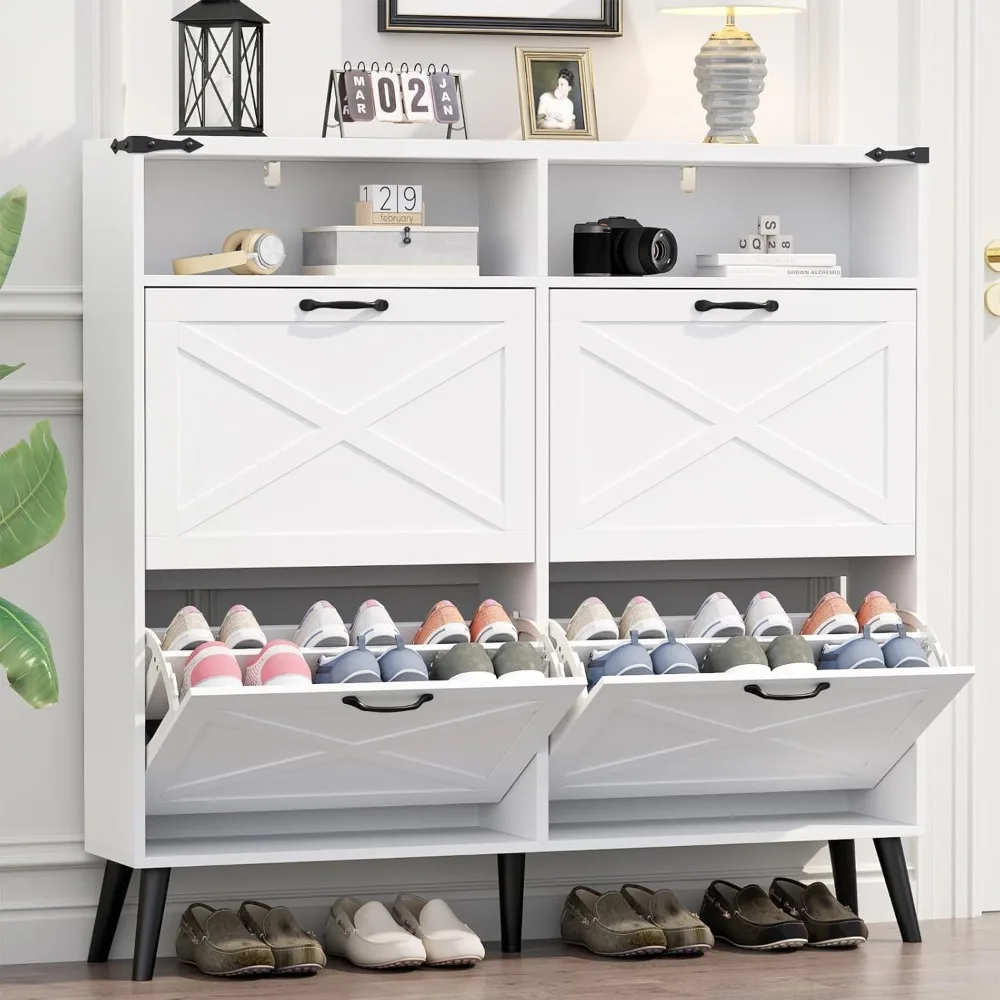 

Shoe Cabinet with 4 Flip Drawers, Farmhouse Shoe Storage Cabinet with 2 Open Cubbies, Freestanding Narrow Hidden Shoe Rack Orga