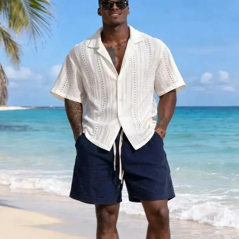 

Summer Men's Casual Hollow Out Knit Short Sleeve Shirts Solid Color Breathable Shirts for Men Vintage Vacation Blouse M-3XL