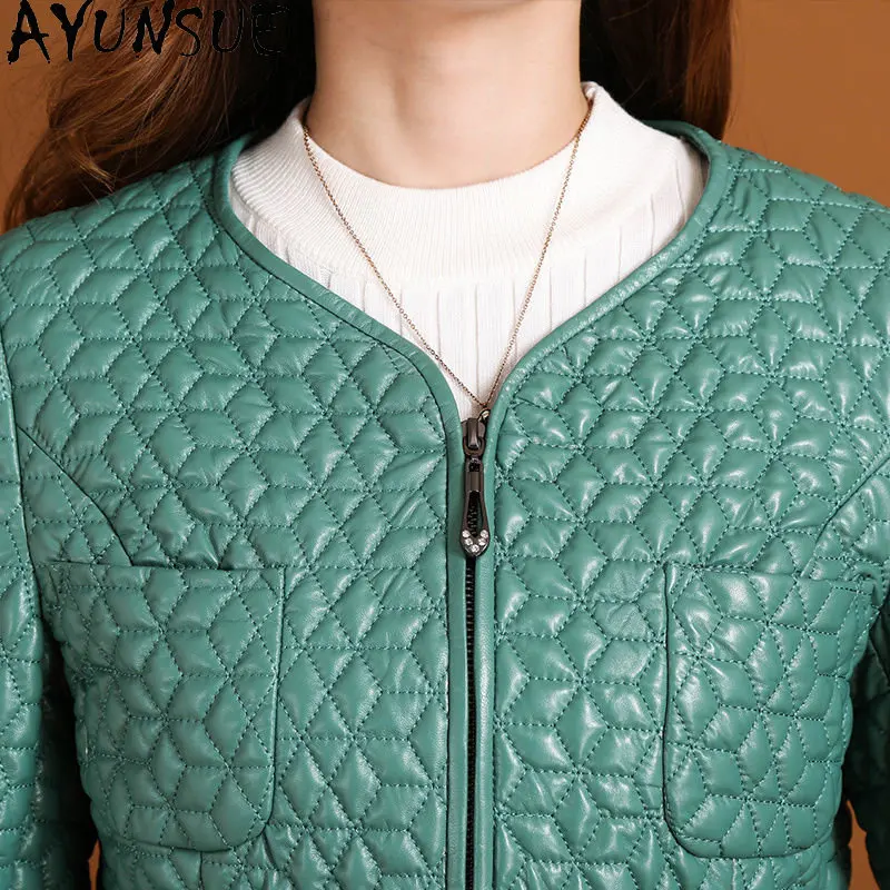 AYUNSUE-Chaqueta de piel de oveja auténtica para mujer, abrigo de cuero Real de longitud media con cuello redondo, rompevientos de algodón