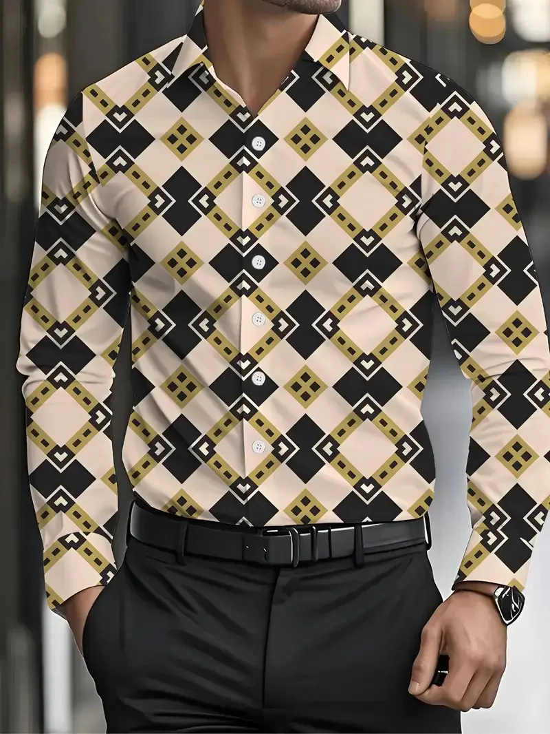 Men's Shirt Regular Flap Shirt Men's 3D Printing Irregular Geometric Printing Casual Long Sleeve Fashion Printed Shirt