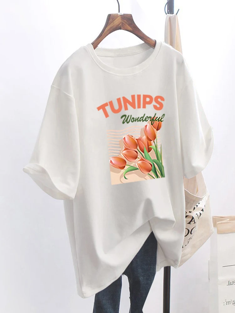 

Printed Short Sleeved T-shirt Women Summer Loose Mid Length O-neck Top Student Korean Version Oversized Versatile Basic Tee