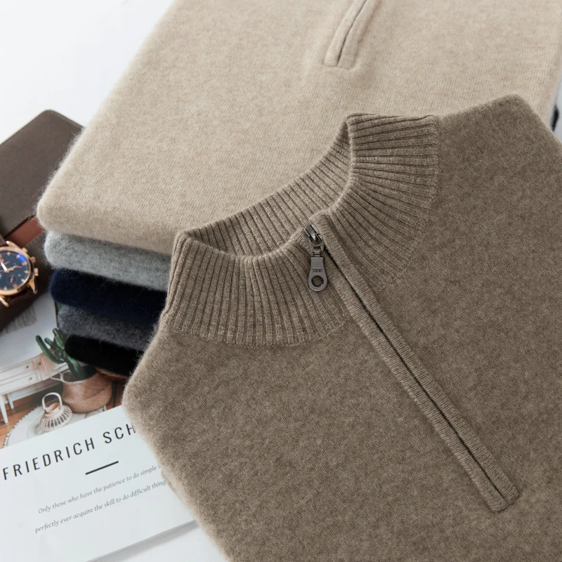 CHICUU Men's 100% Cashmere Sweater Zipper Pullover Mock Neck Long Sleeve Basic Cashmere Knitwear Autumn Winter Clothing Tops