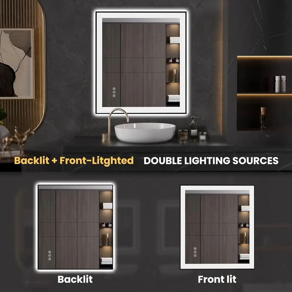 مرآة حمام LED مضادة للضباب مع إطار أسود، وإضاءة عكس الضوء، وزجاج مقسى، ووظيفة الذاكرة #5