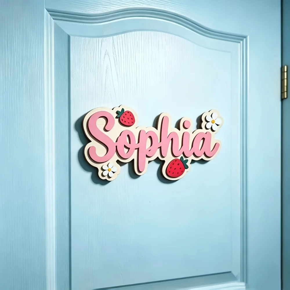 1Pc Personalized Wooden Double-Layer Custom Name Strawberry Door Plaque, Room Door Sign Wall Hanging, Creative Wall Art Ornament