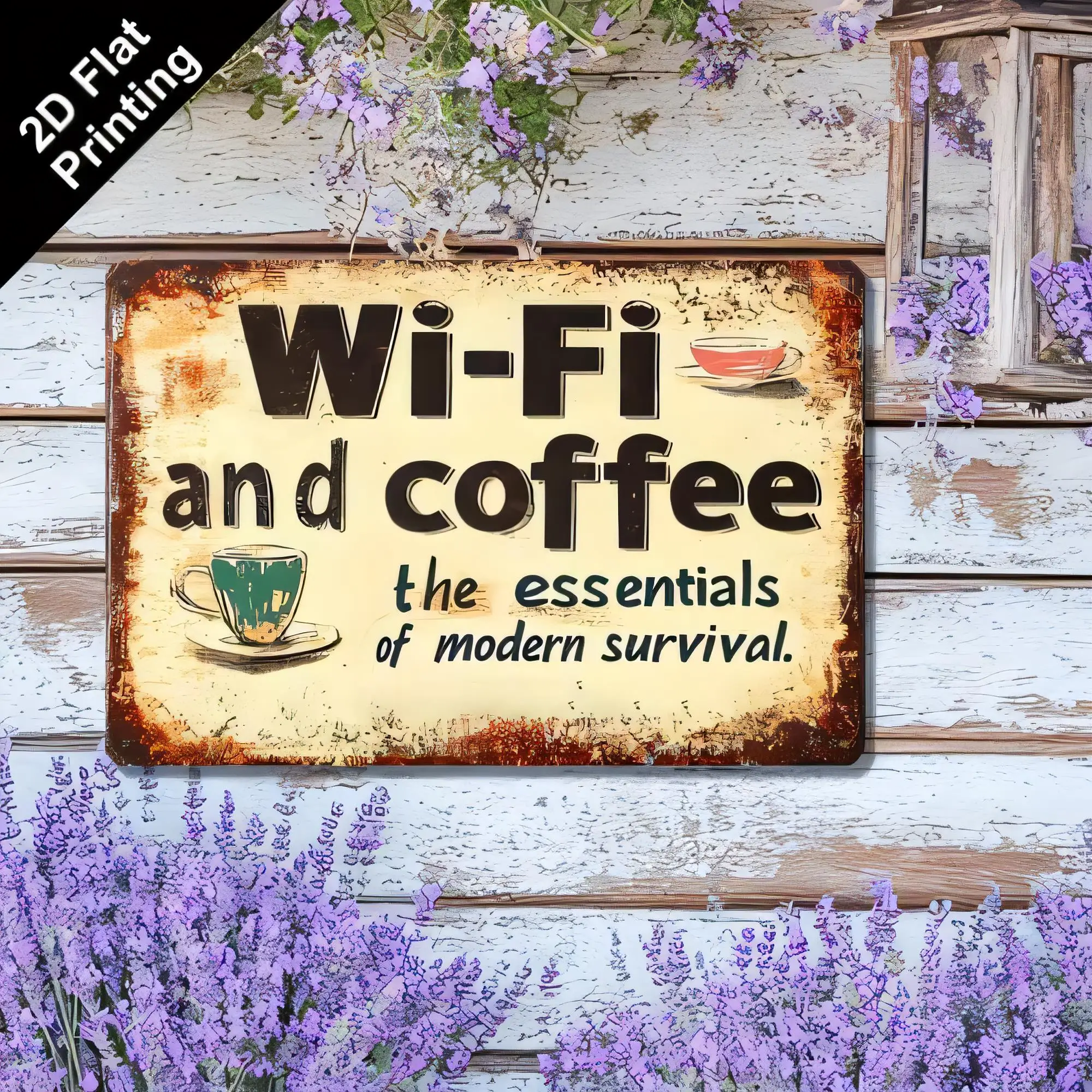 Tin Sign “Wi-Fi and coffee the essentials of modern survival”  Printing Vintage Metal Wall Decor for Kitchen Cafe Home Office Be