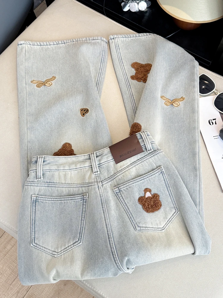 

Korean Sle Fun Bear Embroidery High Waist Loose Slimming Wide Leg Jeans Women's Spring Autumn New Faion Casual Straight L...