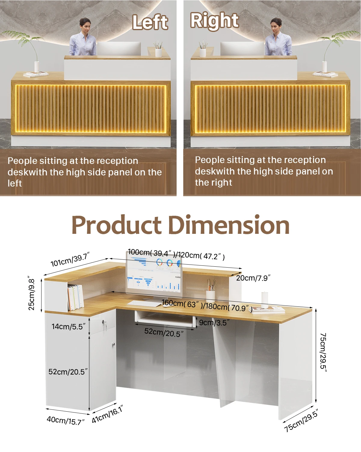 Modern Reception Desk, Solid Wood Reception Desk with Counter, Check Out Stand with Lockable Drawer & Cabinet