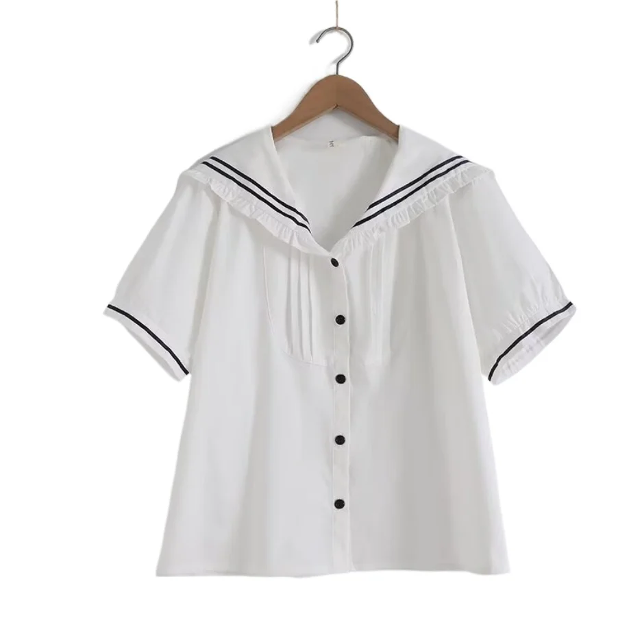 

High Quality Cotton Blouse Shirt Summer New Sweet Organ Pleated Cotton Shirts Ruffles Navy Collar Short Sleeve Loose Shirt Women