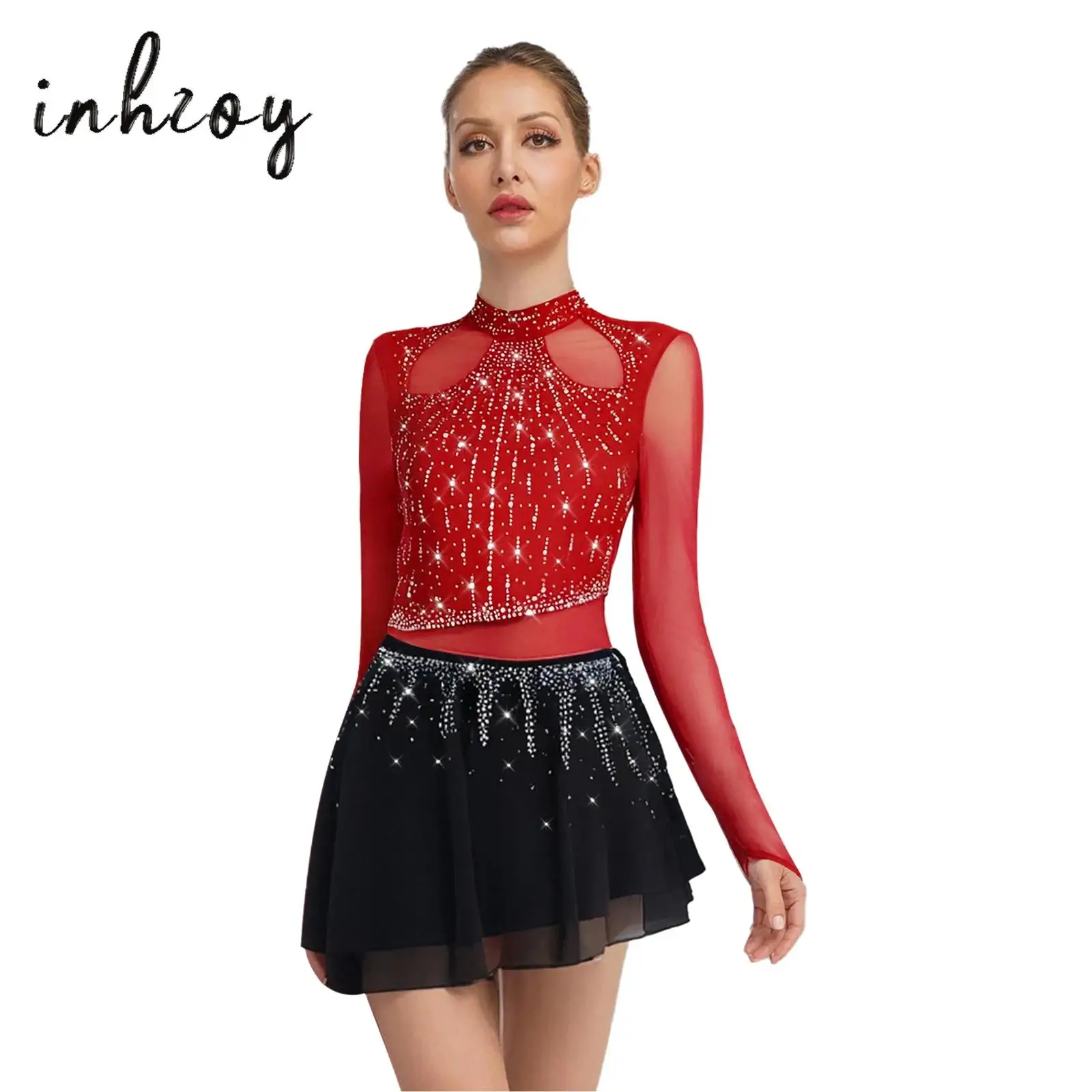 Women Lyrical Dance Dress Long Sleeve Chiffon Skirt Leotard Dress Figure Skating Gymnastics Ballet Dance Performance Costume
