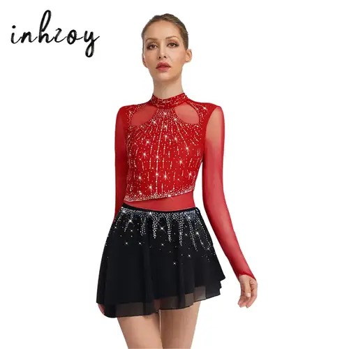 Vestido de baile lírico para mujer, falda de gasa de manga larga, vestido de leotardo, patinaje artístico, gimnasia, Ballet, traje de actuación de danza