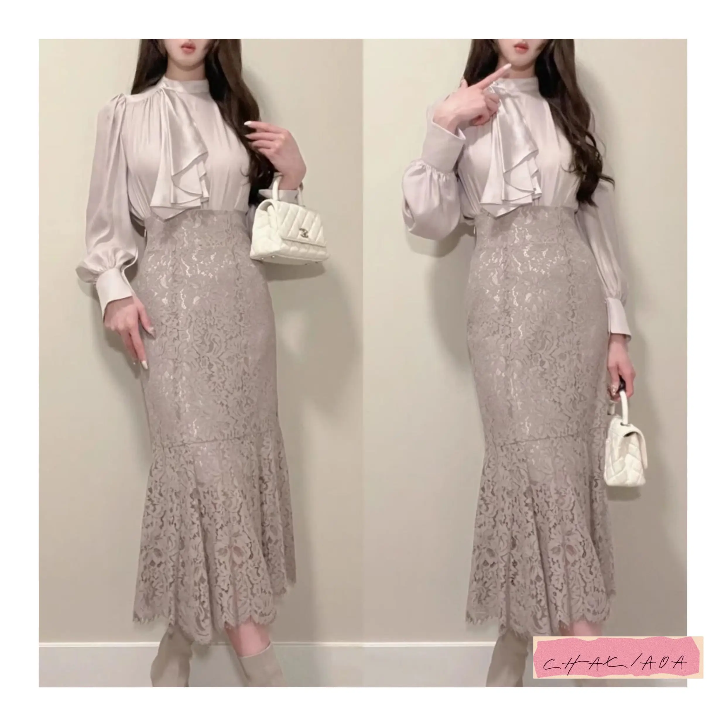 日本の秋冬の甘くてエレガントなハイウエストと薄いレースの透かし彫りフィッシュテールヒップを包み込むハーフボディロングドレス女性用