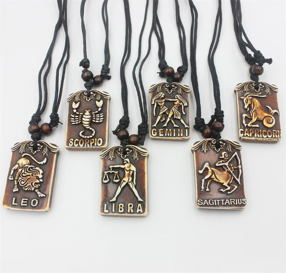 12 Stück/Set Vintage-Imitation Ochsenknochen geschnitzt 12 Konstellationen Anhänger Halsketten, handgewebte männliche und weibliche Konstellationshalskette