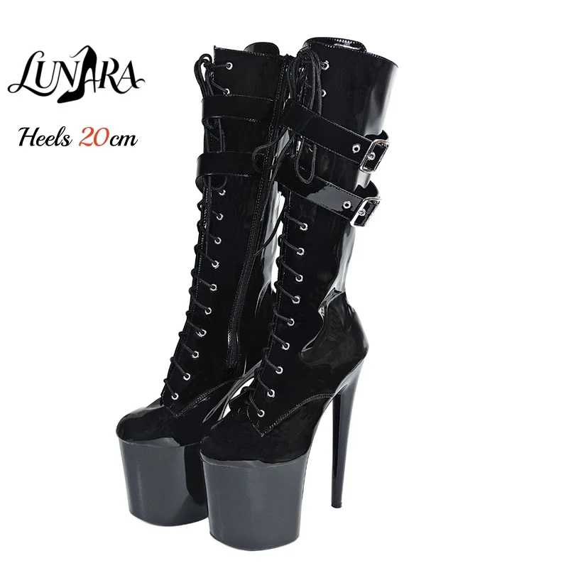 Ladies 20cm/8Inch Black Patent Lace-up Zipper Buckle Platform Stiletto Mid-calf Boot Runway Stripper Pole dance Nightclub Rave