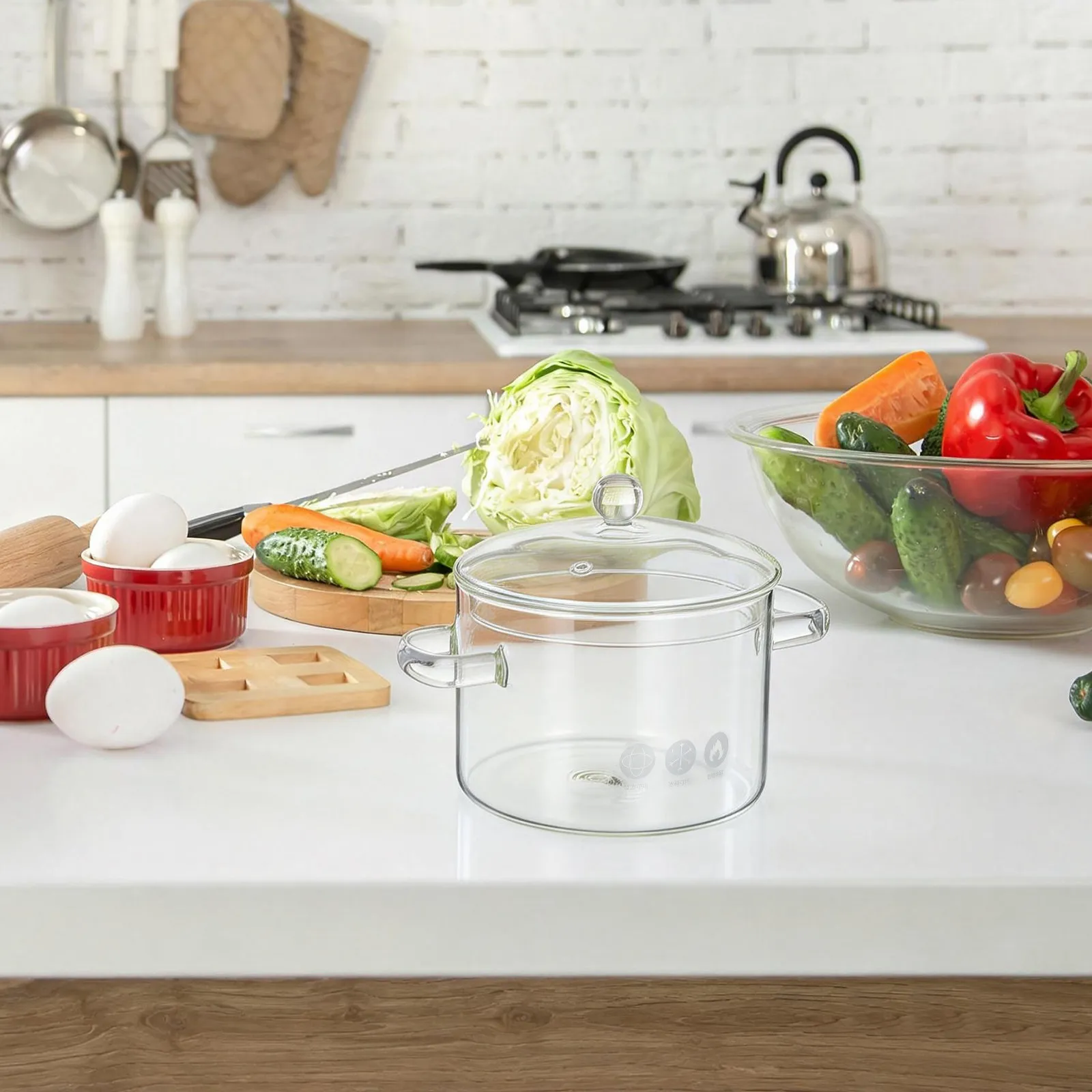 1350ml Clear Glass Noodles Pot Thick Round Mouth Easy Clean Microwave Stovetop Cookware Glass Soup Pot Microwave