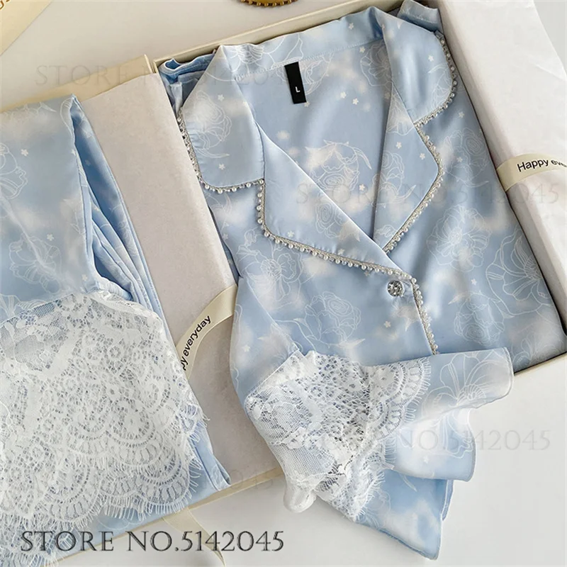 Luxury Silk Satin Female Pajamas Sleepwear 2PCS Set Fashion Bead Lace Home Clothing Trouser Suits Spring New Loose Lounge Wear