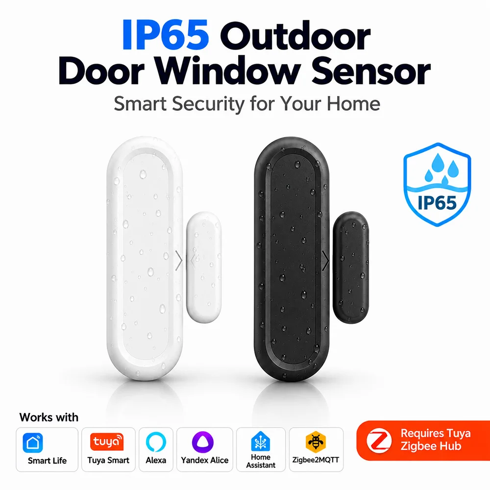 Tuya Zigbee IP65 Wasserdichter Tür- und Fenstersensor, Magnetischer Kontaktalarm für Außen- und Innenbereich, Kompatibel mit Alexa & Yandex