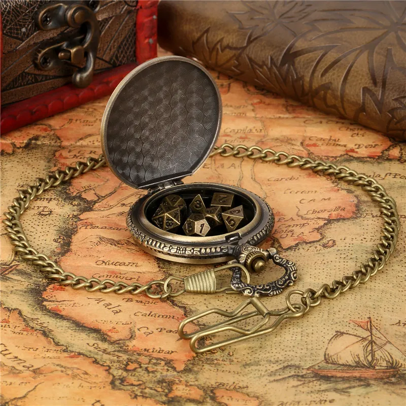 Vintage Dragon Wings Pocket Watch Case with 7pcs Tiny Polyhedral Metal Dice Set Role Playing Board Games Accessories