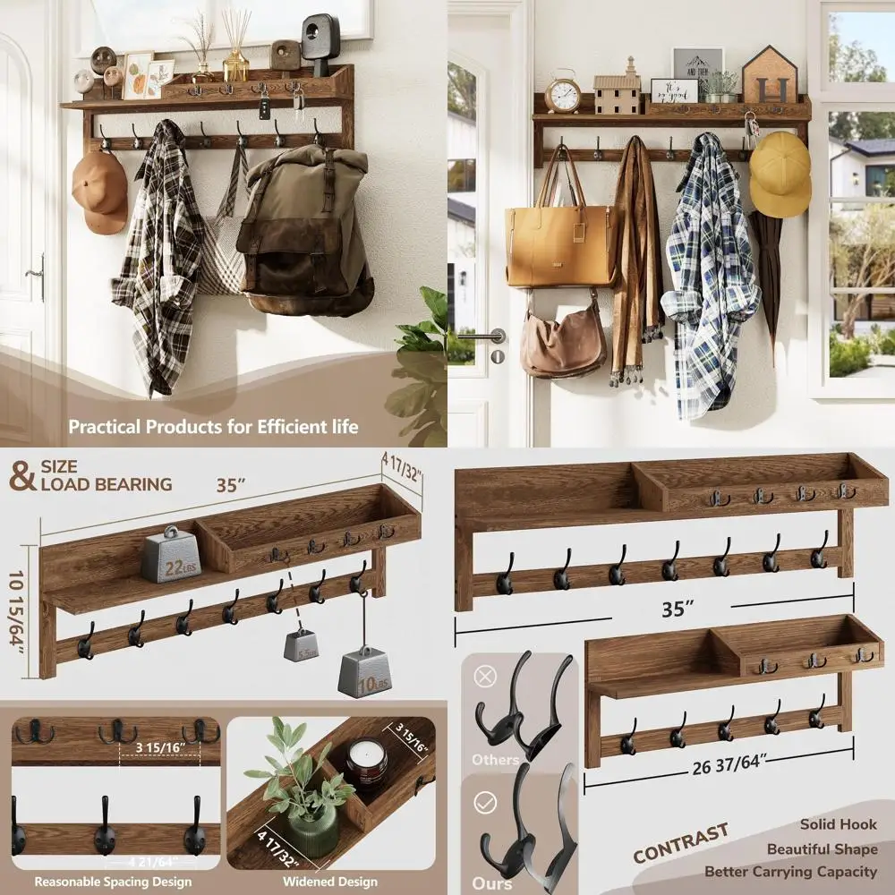 

Большая настенная вешалка для одежды на 35 предметов с 7 крючками, полкой и держателем для ключей для прихожей