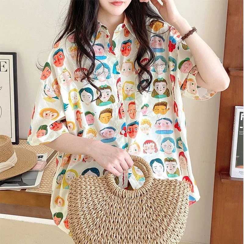 Japanese Funny Face Comics Full Print Short Sleeve Shirts Oversized Button Up Shirt Women Teens Students Kawaii Blouse Harajuku