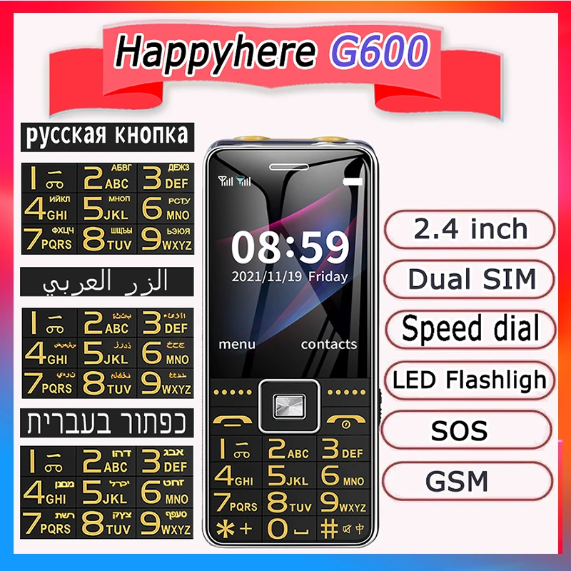 happyhere g600 gsm telefone movel 24 tela dupla sim mp3 redcorder sos discagem de velocidade led lanterna teclado russo telefone movel 01